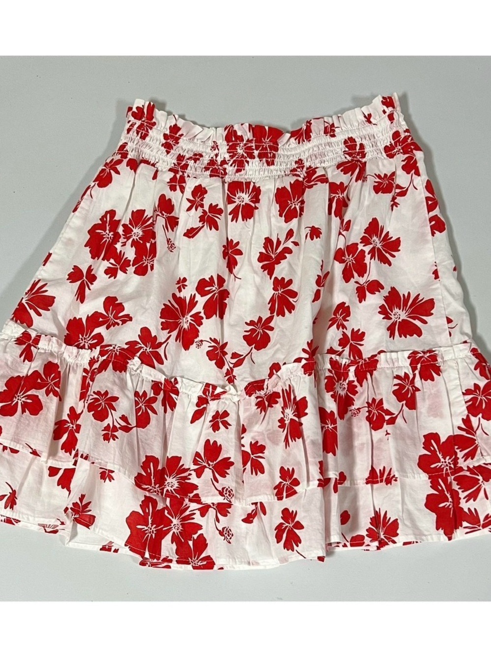 J. Crew White Red Hibiscus Floral Ruffle Mini Skirt Bottoms Size XXS 🌺✨ #floral